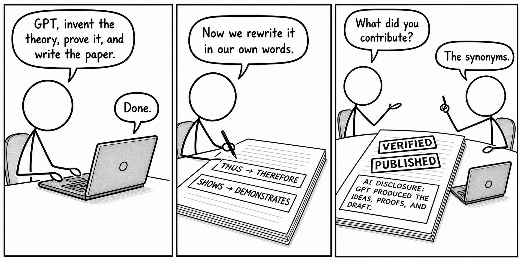 A three-panel comic. First panel: a person at a laptop says, GPT, invent the theory, prove it, and write the paper. The laptop replies, Done. Second panel: the person marks up the printed draft, saying, Now we rewrite it in our own words; the edits read THUS to THEREFORE and SHOWS to DEMONSTRATES. Third panel: two people sit with the finished paper, stamped VERIFIED and PUBLISHED above an AI disclosure reading, GPT produced the ideas, proofs, and draft. One asks, What did you contribute? The other answers, The synonyms.